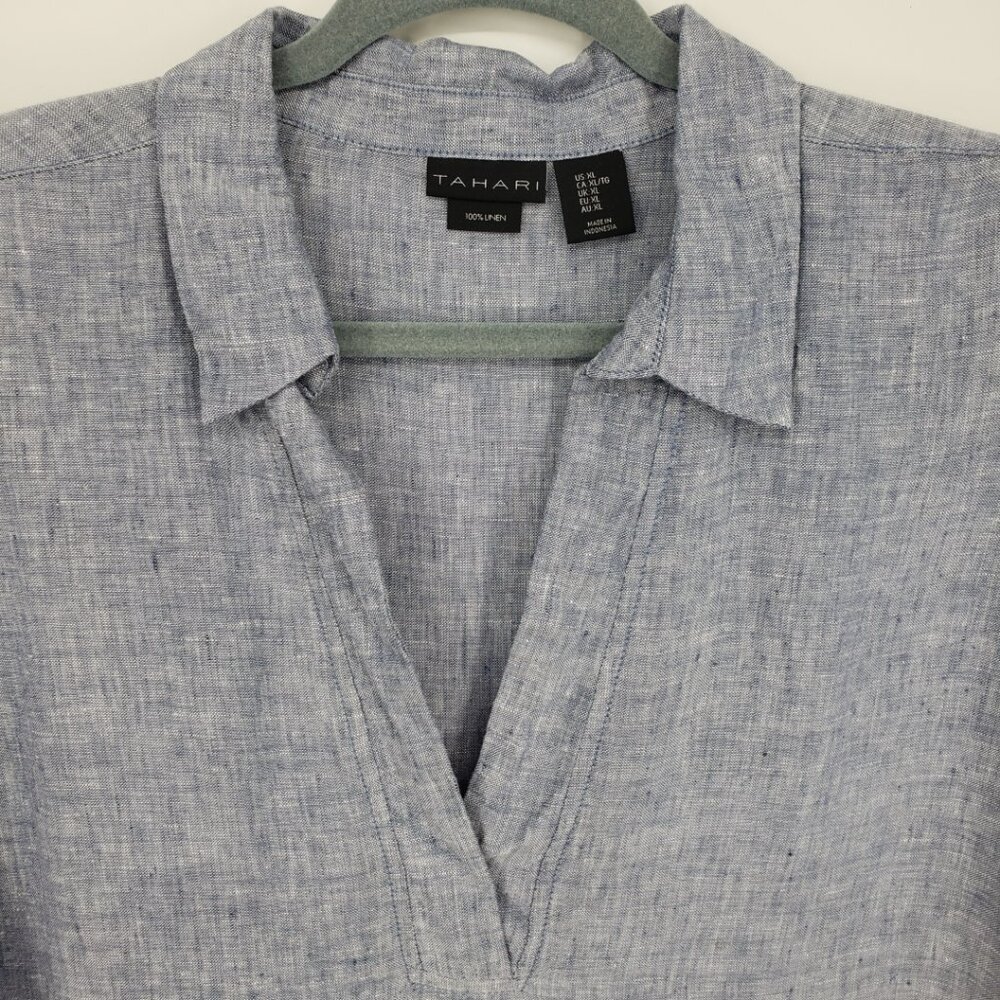 Tahari Light Blue Linen Blend V-Neck Blouse - Picture 7 of 8